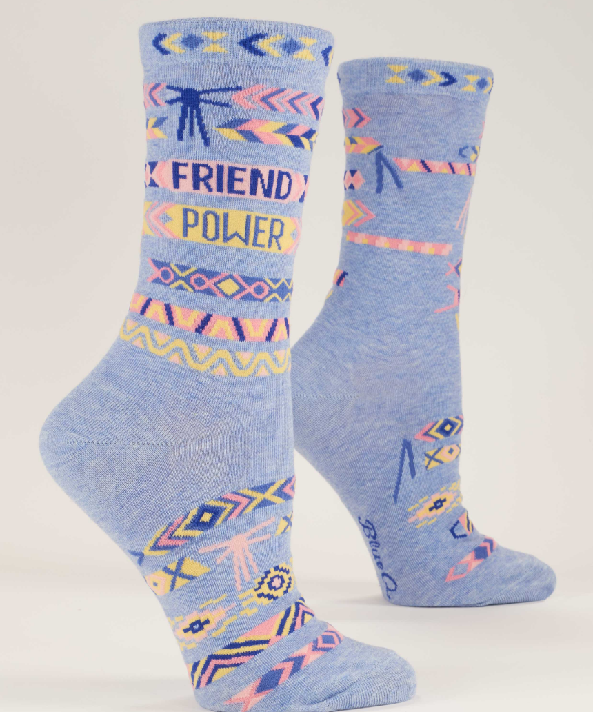 Blue Q Friend Power W-Crew Socks featuring fun, colorful designs and comfortable cotton material, perfect for everyday wear.