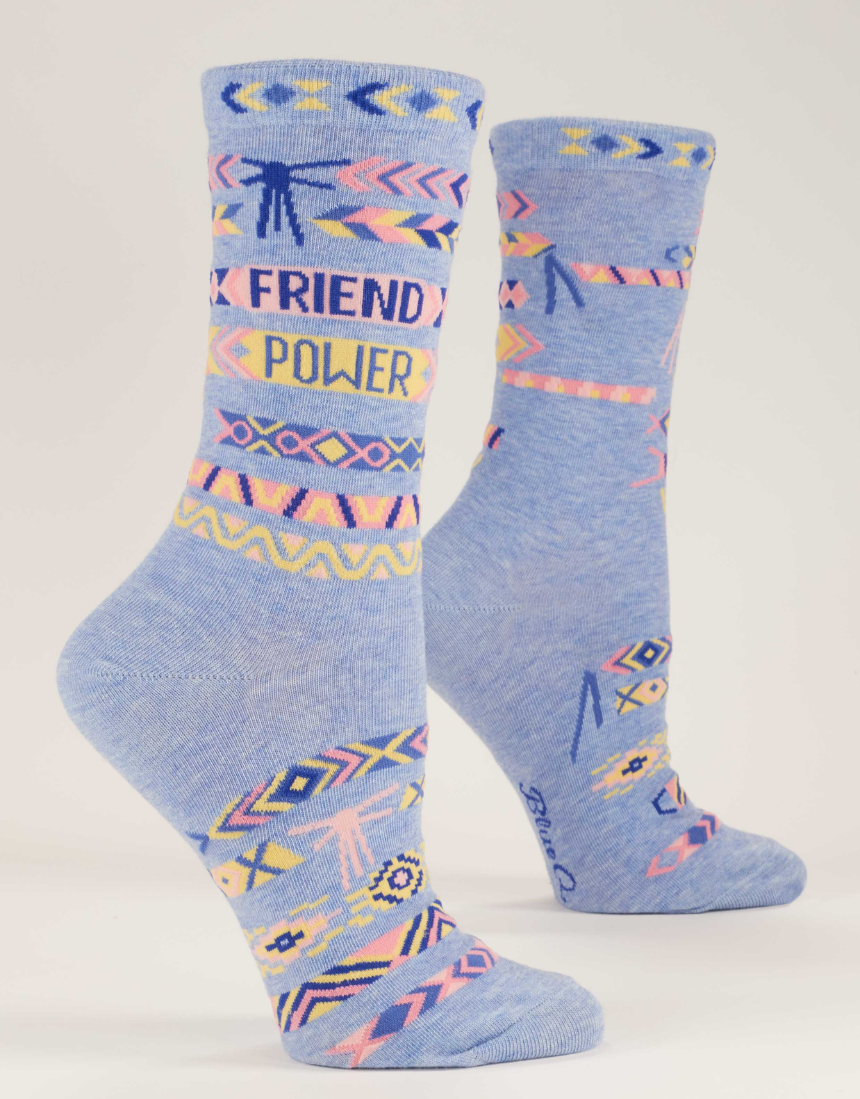 Blue Q Friend Power W-Crew Socks featuring fun, colorful designs and comfortable cotton material, perfect for everyday wear.