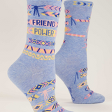Blue Q Friend Power W-Crew Socks featuring fun, colorful designs and comfortable cotton material, perfect for everyday wear.