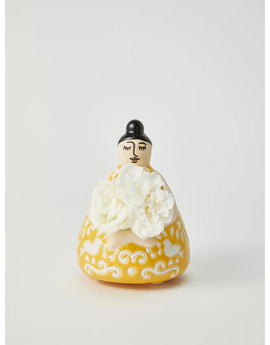 Jones & Co Nonna Sunny floral vase with bright yellow and orange floral pattern, ceramic decorative vase for flowers.