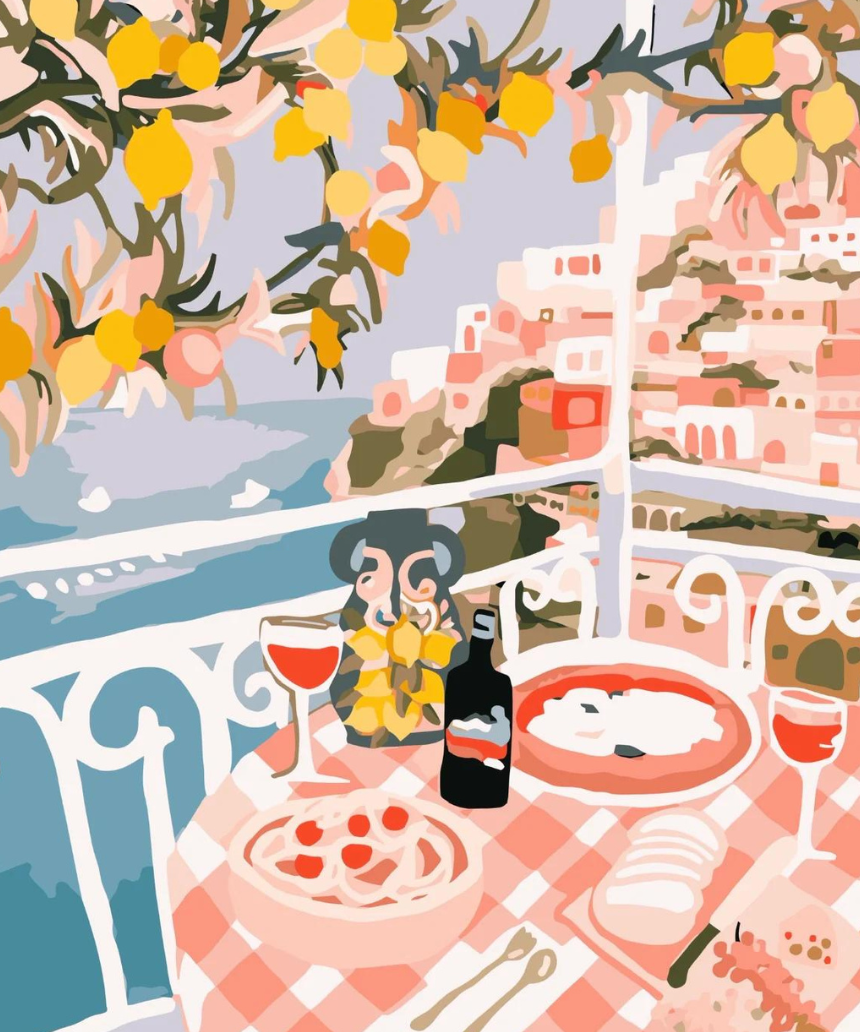 Paint Like Frida Positano rolled paint by numbers kit featuring a colorful seaside scene with vibrant flowers.
