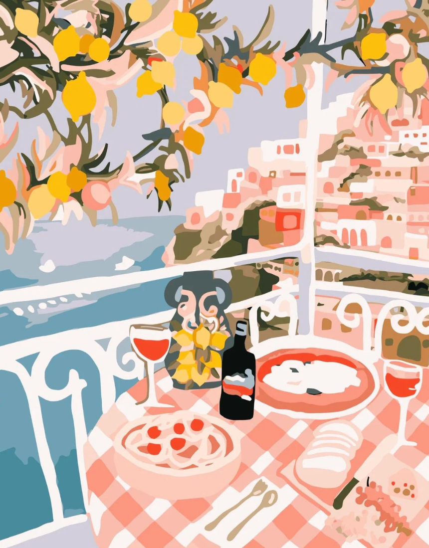 Paint Like Frida Positano rolled paint by numbers kit featuring a colorful seaside scene with vibrant flowers.