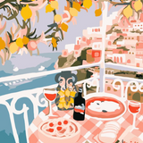 Paint Like Frida Positano rolled paint by numbers kit featuring a colorful seaside scene with vibrant flowers.