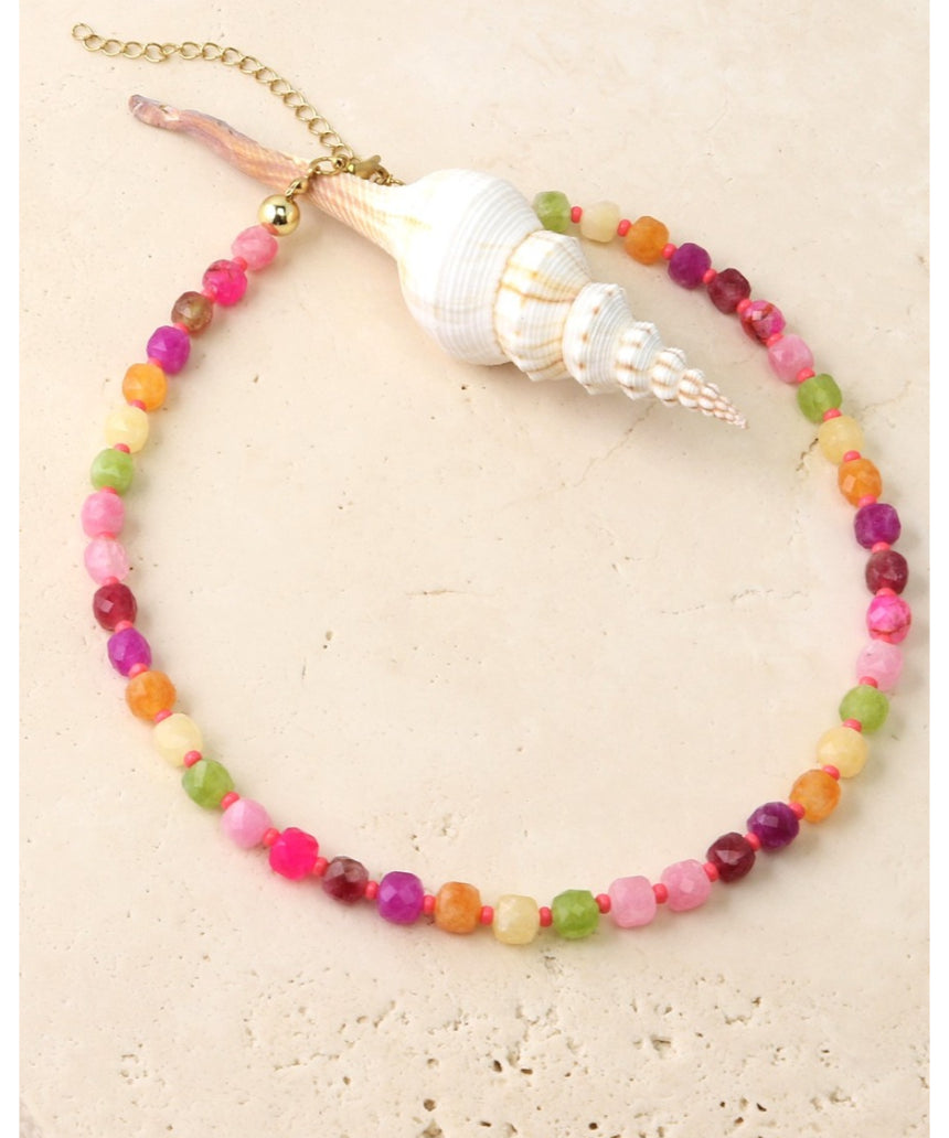 Tiger Tree rock candy stone necklace featuring a vibrant, colorful gemstone pendant on a sleek chain.