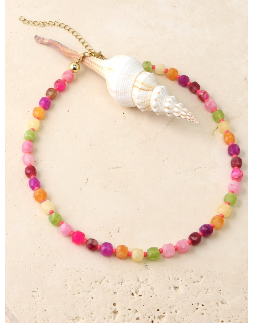 Tiger Tree rock candy stone necklace featuring a vibrant, colorful gemstone pendant on a sleek chain.