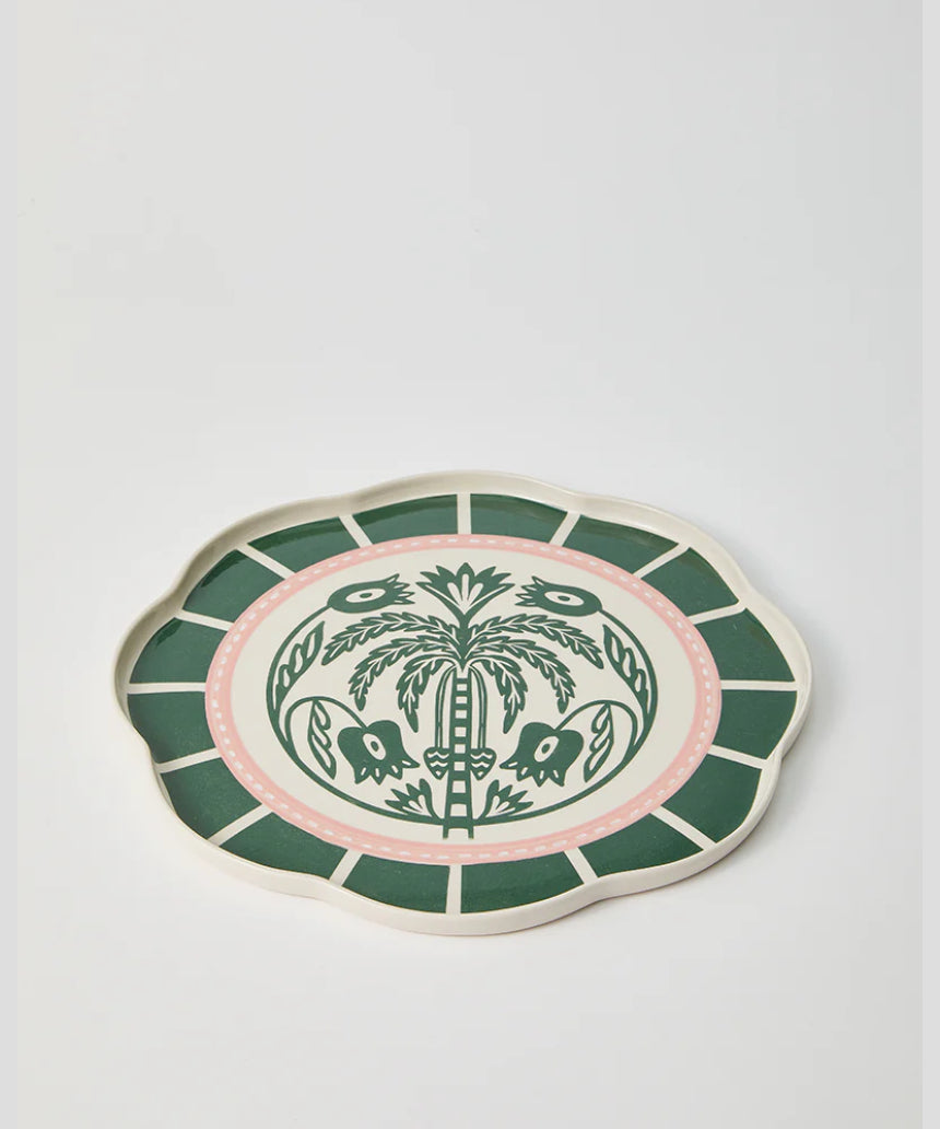 Jones & Co Del Sol Palm Green platter with a tropical palm leaf design, perfect for serving and decorative use.