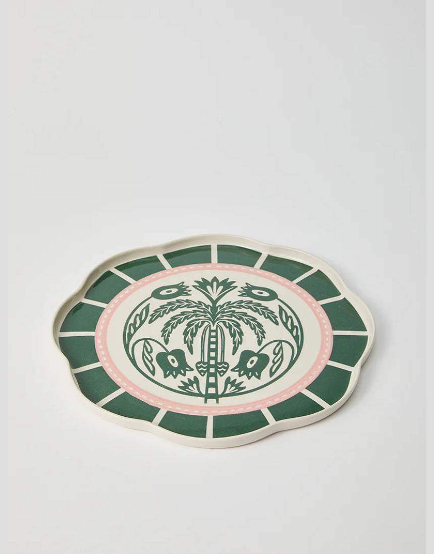 Jones & Co Del Sol Palm Green platter with a tropical palm leaf design, perfect for serving and decorative use.