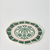 Jones & Co Del Sol Palm Green platter with a tropical palm leaf design, perfect for serving and decorative use.