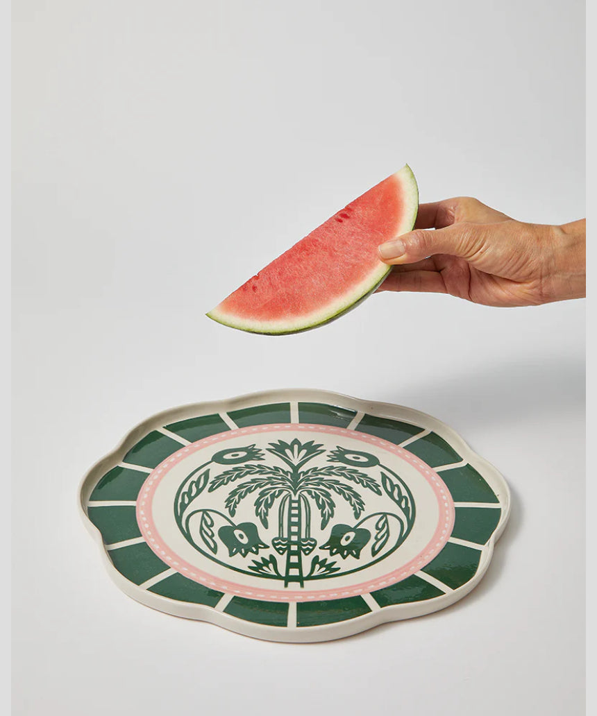 Jones & Co Del Sol Palm green platter with a tropical palm design, large serving platter for food presentation.