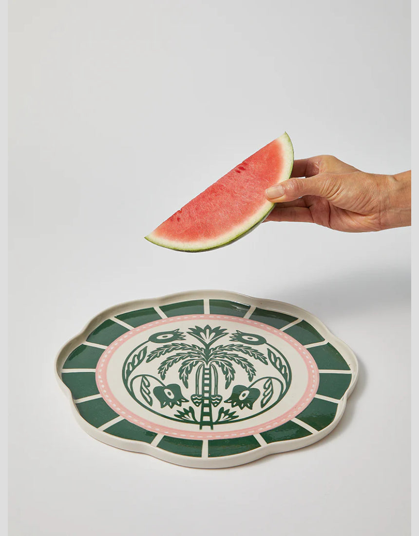 Jones & Co Del Sol Palm green platter with a tropical palm design, large serving platter for food presentation.