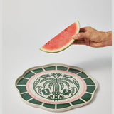 Jones & Co Del Sol Palm green platter with a tropical palm design, large serving platter for food presentation.