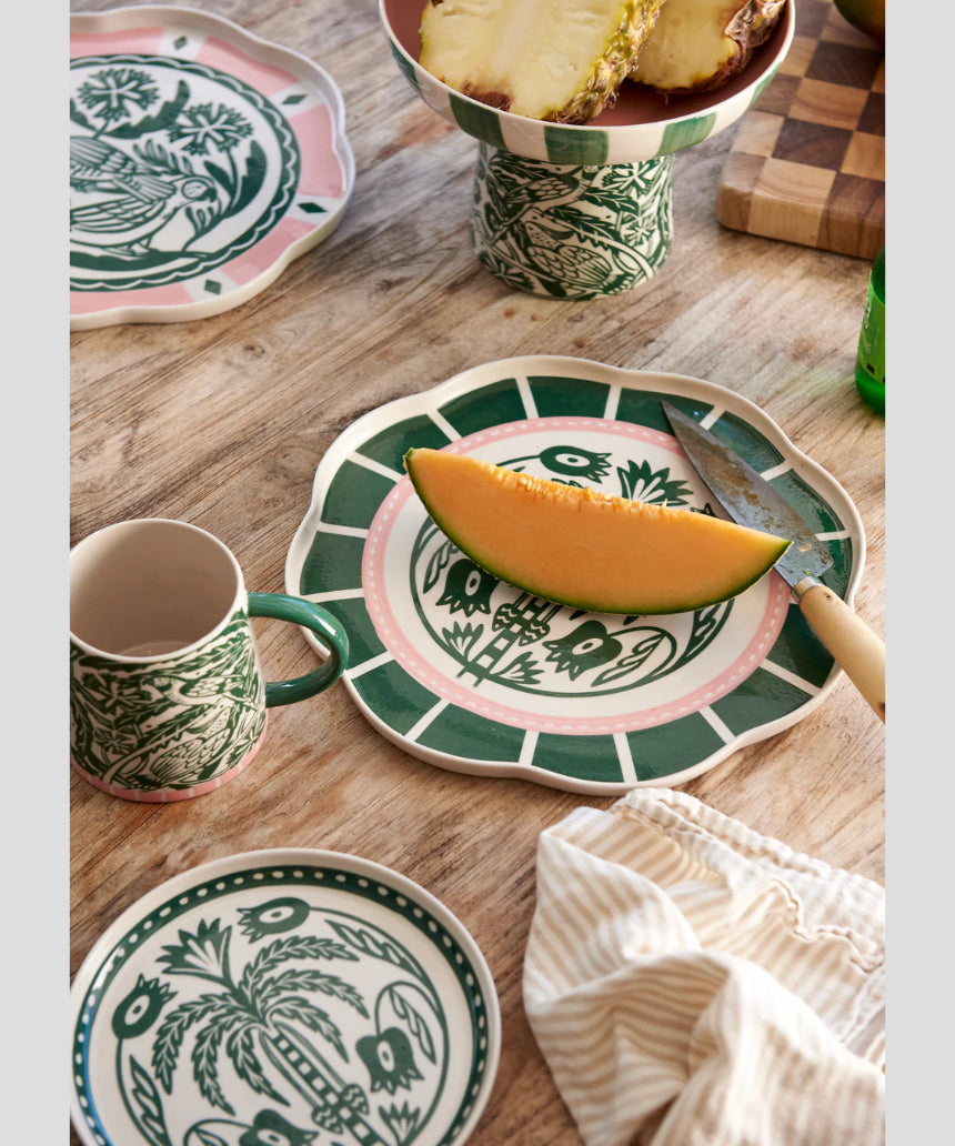 Jones & Co Del Sol Bird Platter in green, ceramic serving platter with a detailed bird design, perfect for serving or display.