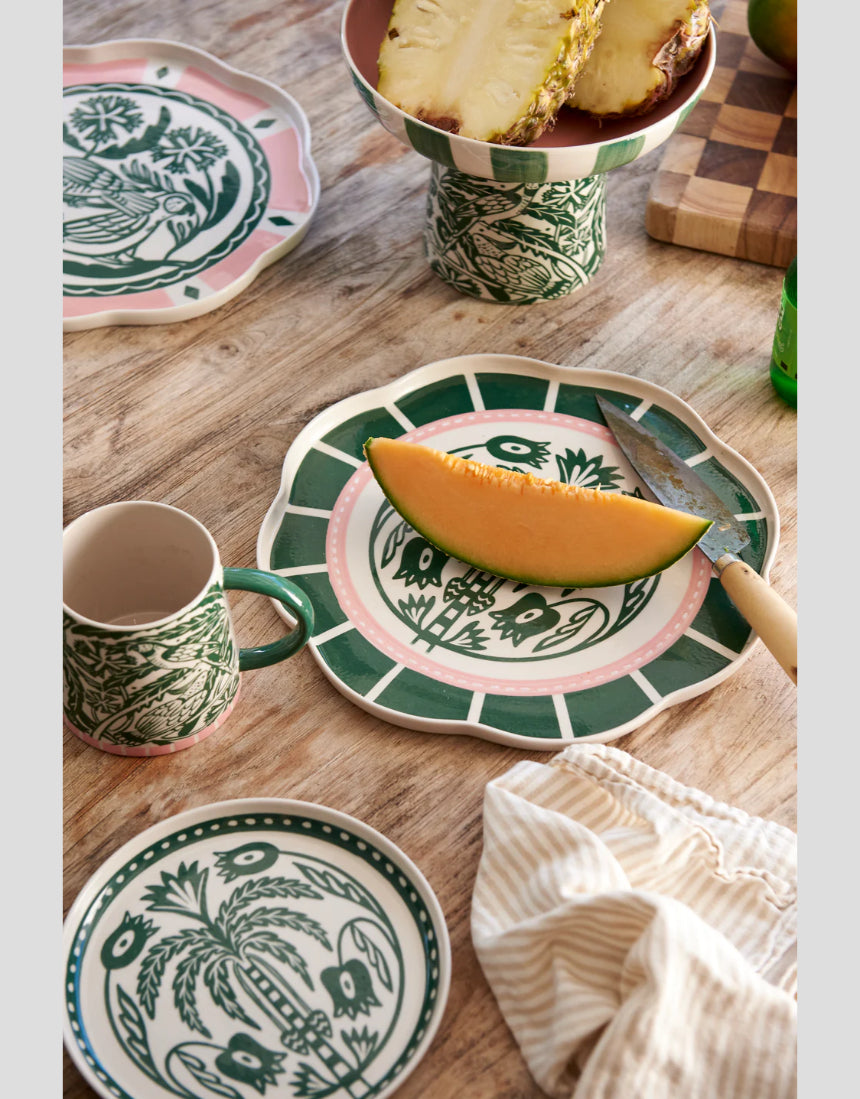 Jones & Co Del Sol Bird Platter in green, ceramic serving platter with a detailed bird design, perfect for serving or display.