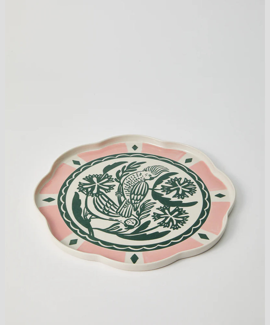 Jones & Co Del Sol bird platter in green, decorative ceramic serving platter with bird motif and vibrant design.