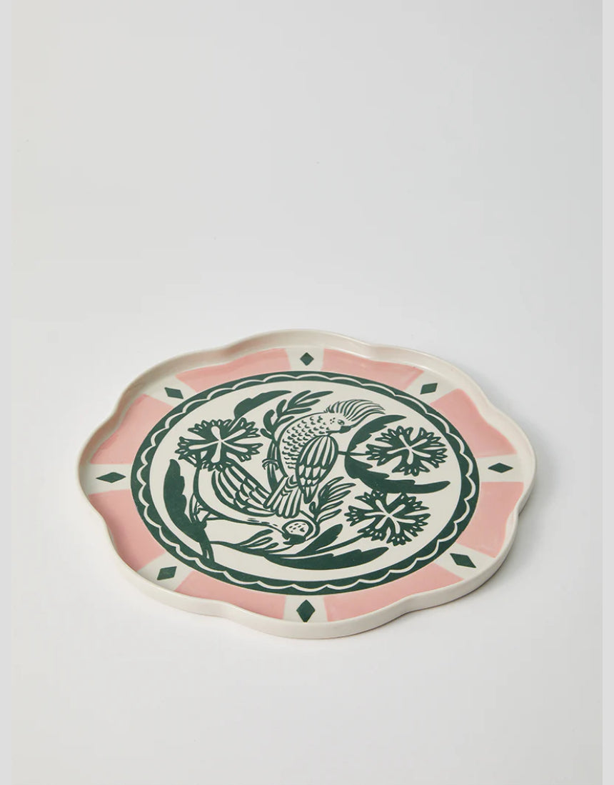 Jones & Co Del Sol bird platter in green, decorative ceramic serving platter with bird motif and vibrant design.