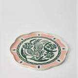 Jones & Co Del Sol bird platter in green, decorative ceramic serving platter with bird motif and vibrant design.
