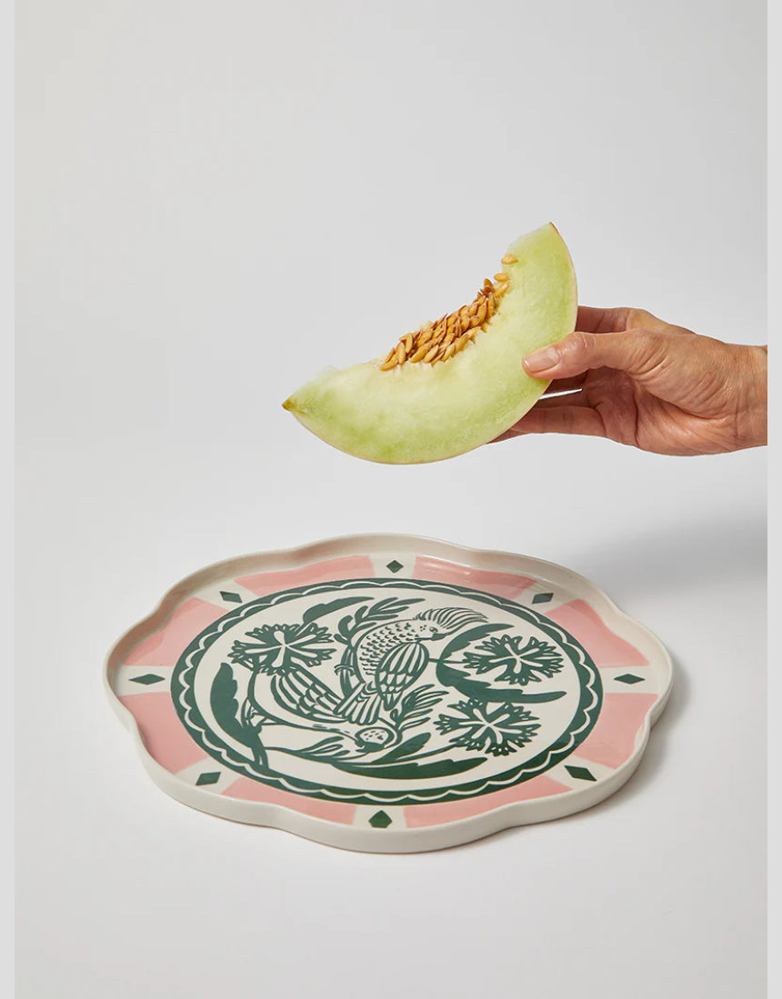 Jones & Co Del Sol Bird platter in green, featuring a detailed bird design, perfect for serving or decorative display.