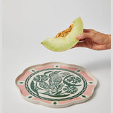 Jones & Co Del Sol Bird platter in green, featuring a detailed bird design, perfect for serving or decorative display.