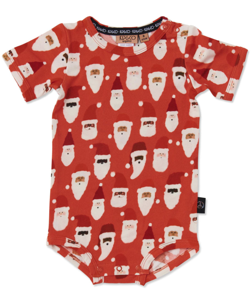 Kip & Co red short sleeve romper for babies and toddlers, featuring festive HoHoHo print and comfortable cotton fabric.