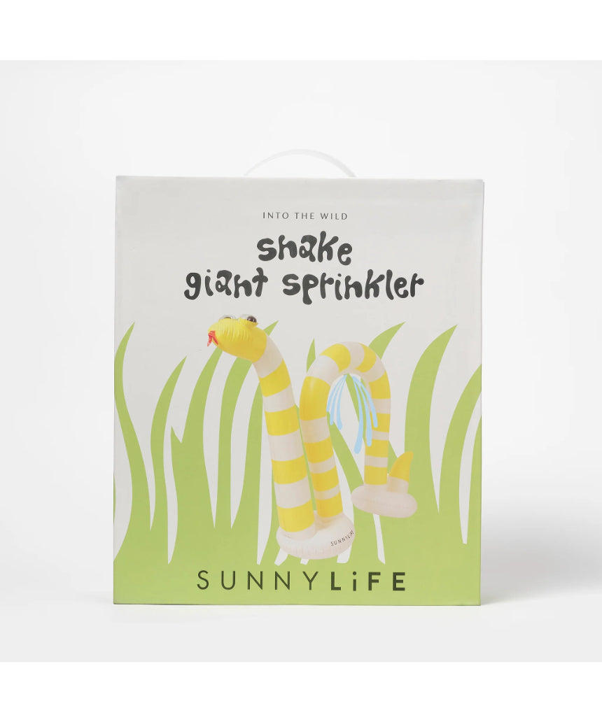 Sunnylife Snake Giant Sprinkler in bright yellow and green, shaped like a snake, with water spraying from its mouth on a lawn.