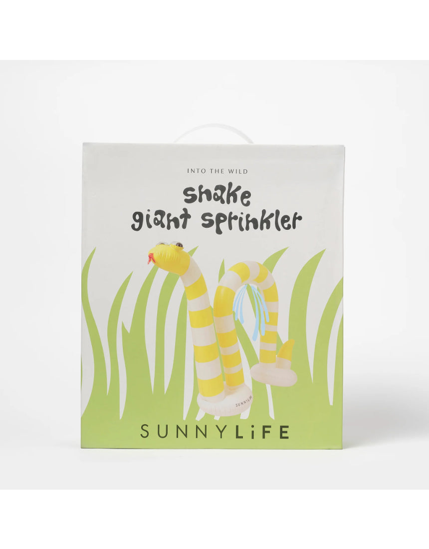 Sunnylife Snake Giant Sprinkler in bright yellow and green, shaped like a snake, with water spraying from its mouth on a lawn.