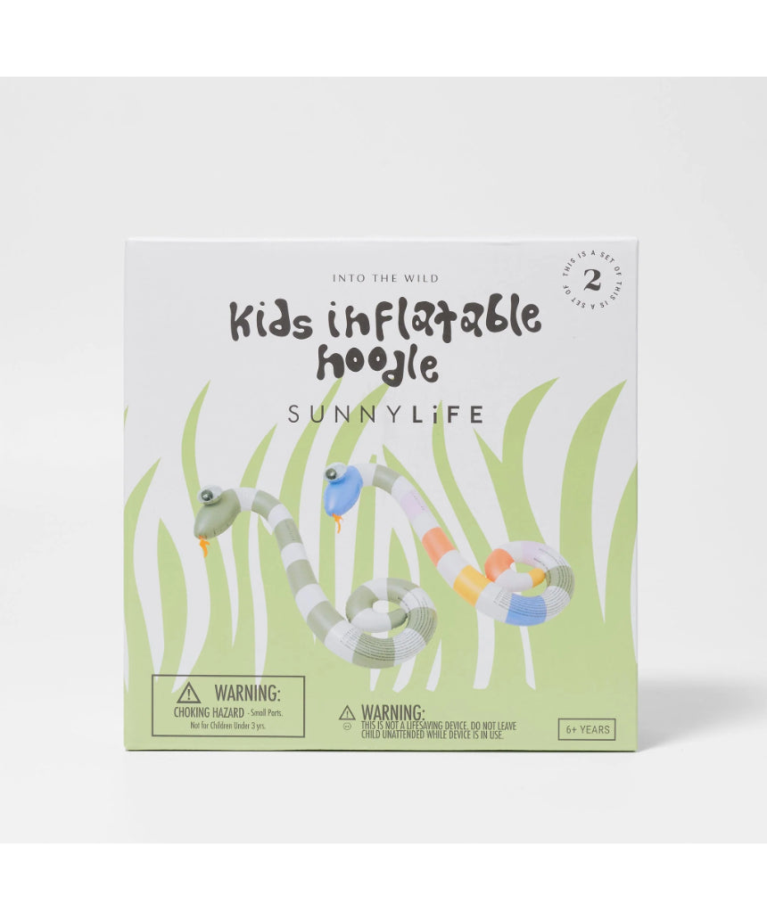 Sunnylife kids inflatable pool noodle set featuring colorful "Into the Wild" animal designs, perfect for swimming and water play.