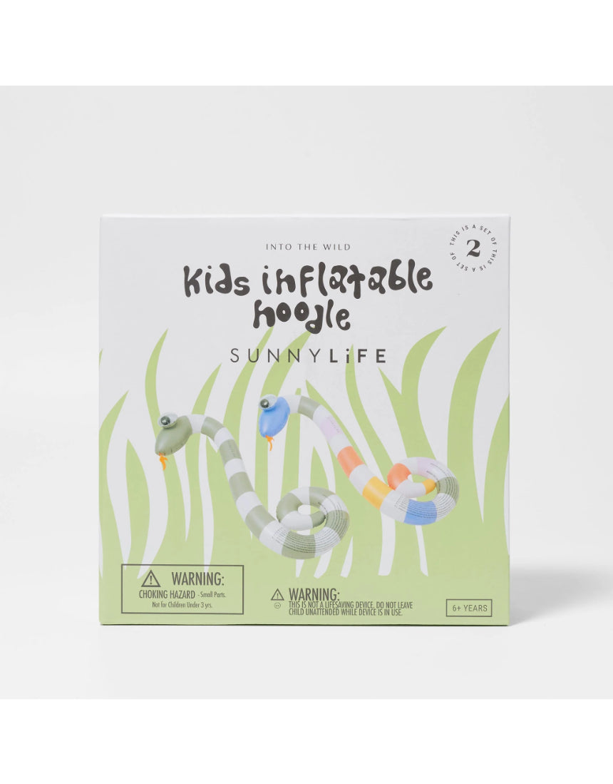 Sunnylife kids inflatable pool noodle set featuring colorful "Into the Wild" animal designs, perfect for swimming and water play.