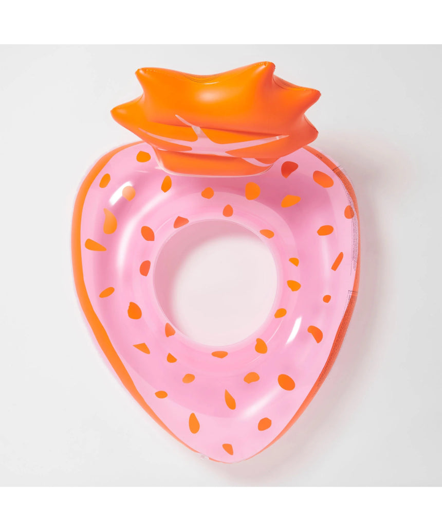 Sunnylife Luxe Pool Ring in vibrant strawberry pink, inflatable pool float perfect for summer relaxation.