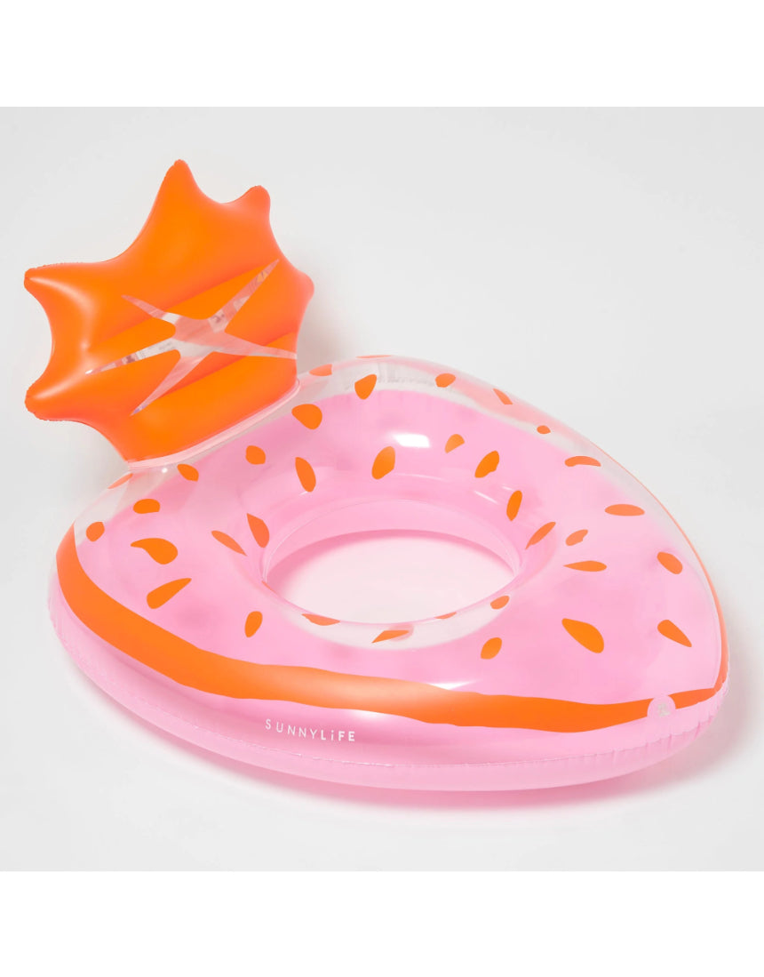 Sunnylife Luxe Pool Ring in strawberry pink floating on water, inflatable pool float for relaxing poolside enjoyment.