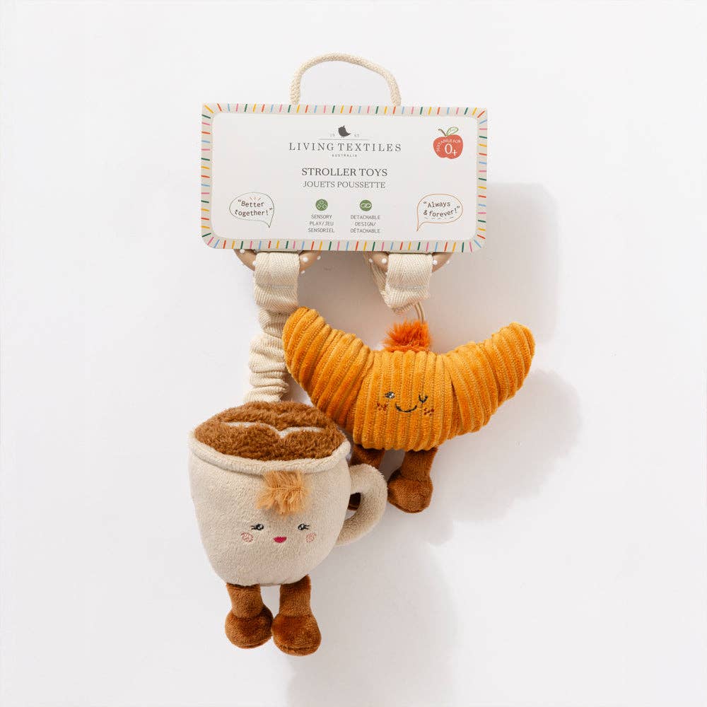 Living Textiles mini market brunch stroller toys, coffee and croissant, colorful fabric toys for baby comfort and entertainment.