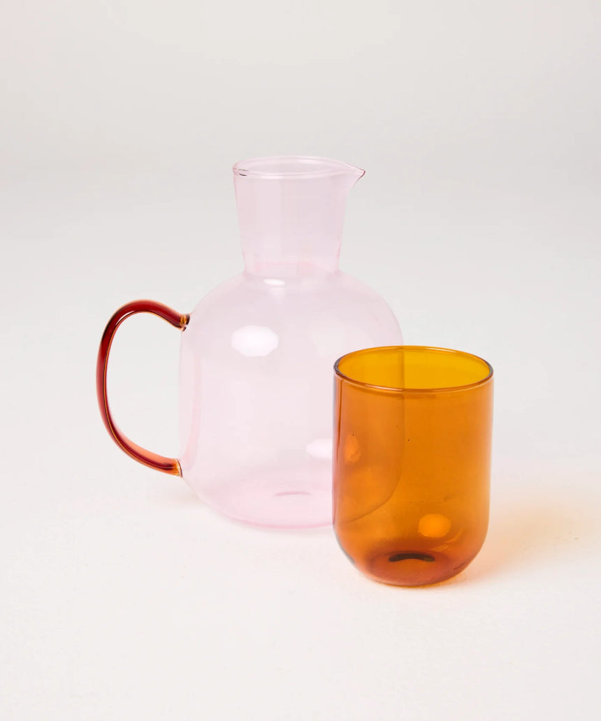 Kip & Co Marshmallow & Marmalade ceramic carafe and glass set with colorful, playful design on a white background.