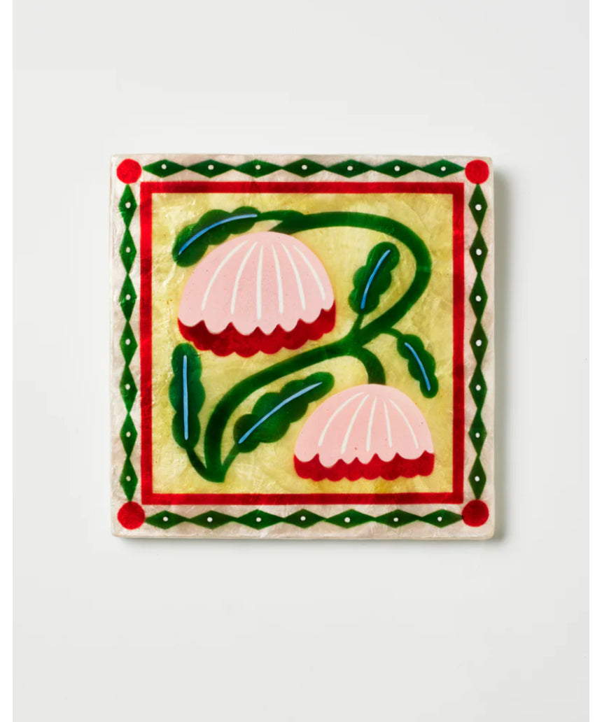 Jones & Co Bloom Nouveau Yellow Square wall decor featuring a vibrant yellow floral design on a square canvas.