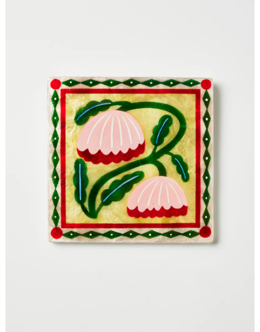 Jones & Co Bloom Nouveau Yellow Square wall decor featuring a vibrant yellow floral design on a square canvas.