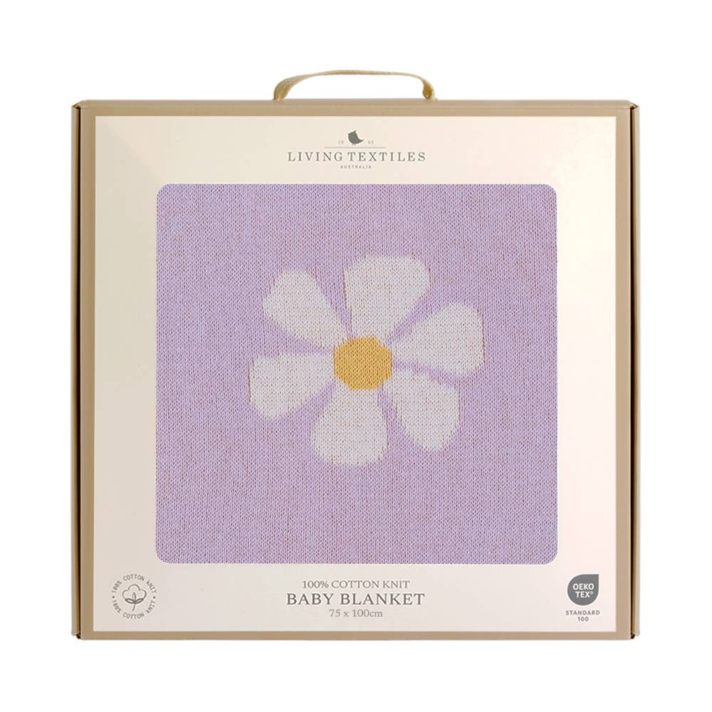 Living Textiles Lilac Daisy Dreams Pram Knitted Blanket with floral pattern and soft knitted texture for baby comfort