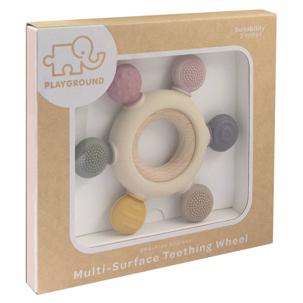 Living Textiles multi-surface teething wheel in rose with textured surfaces for soothing chewing for babies.