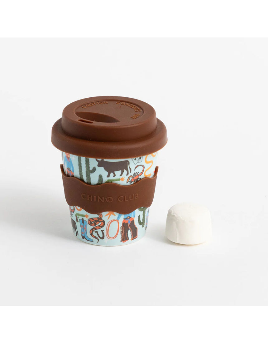 Chino Club Cowboy Baby Chino Cup 4oz for kids, featuring a cowboy design with no straw, perfect for young children.