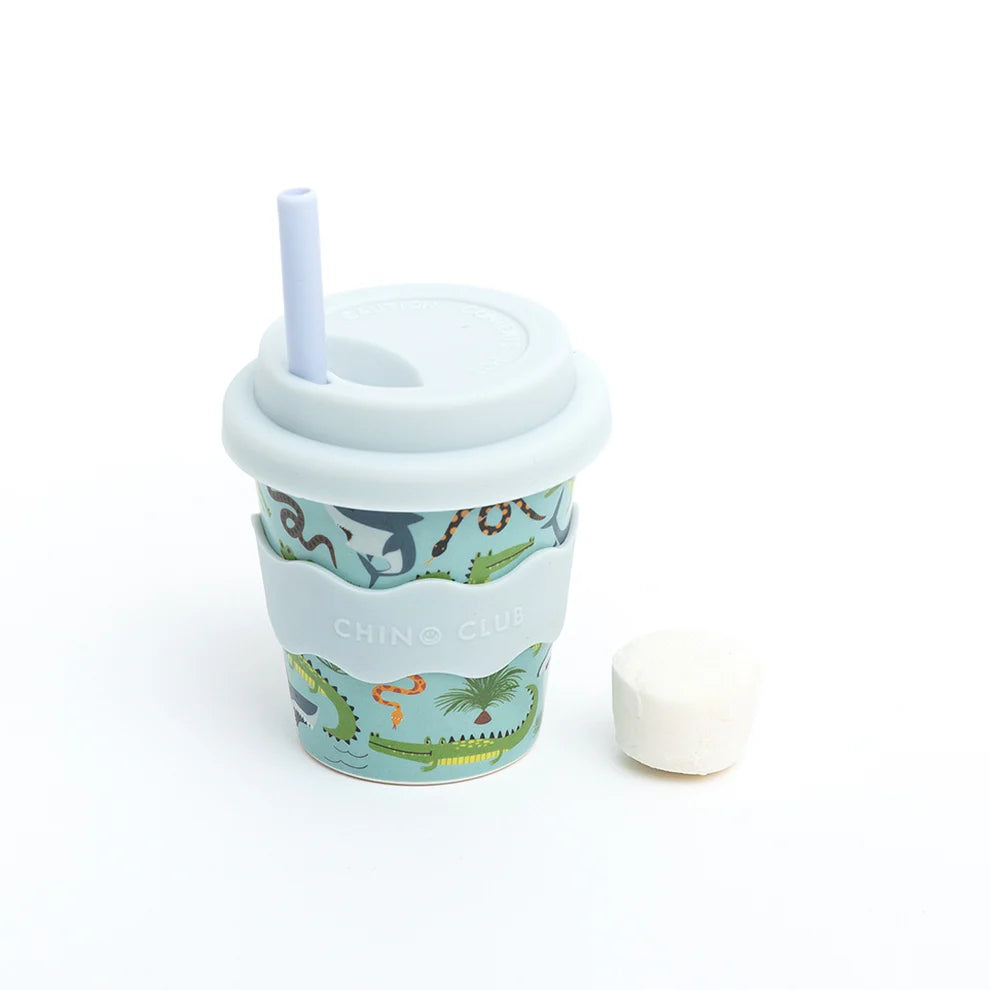 Chino Club Deadly Animals 4oz Baby Chino Cup for kids with colorful animal illustrations on a small, child-friendly cup.