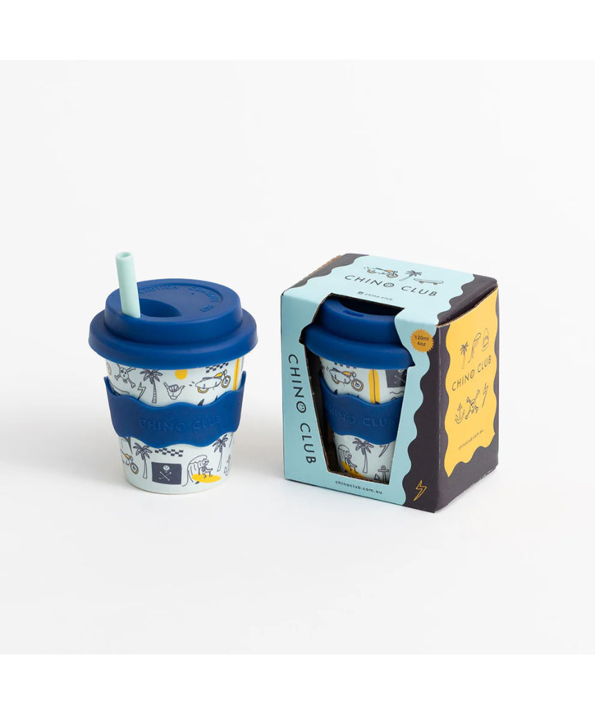 Chino Club Rad Times Baby Chino Cup 4oz, kids' cup in a box, featuring colorful design and durable plastic construction.