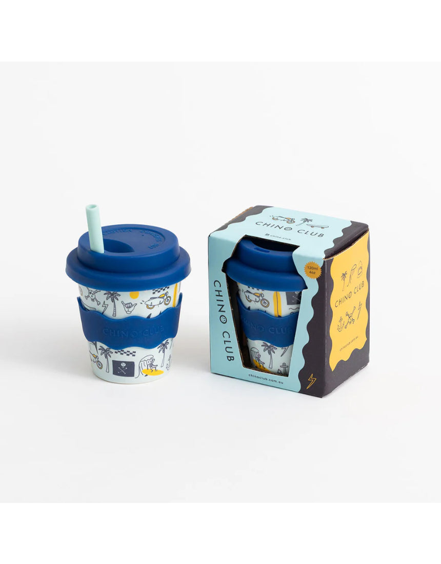 Chino Club Rad Times Baby Chino Cup 4oz, kids' cup in a box, featuring colorful design and durable plastic construction.
