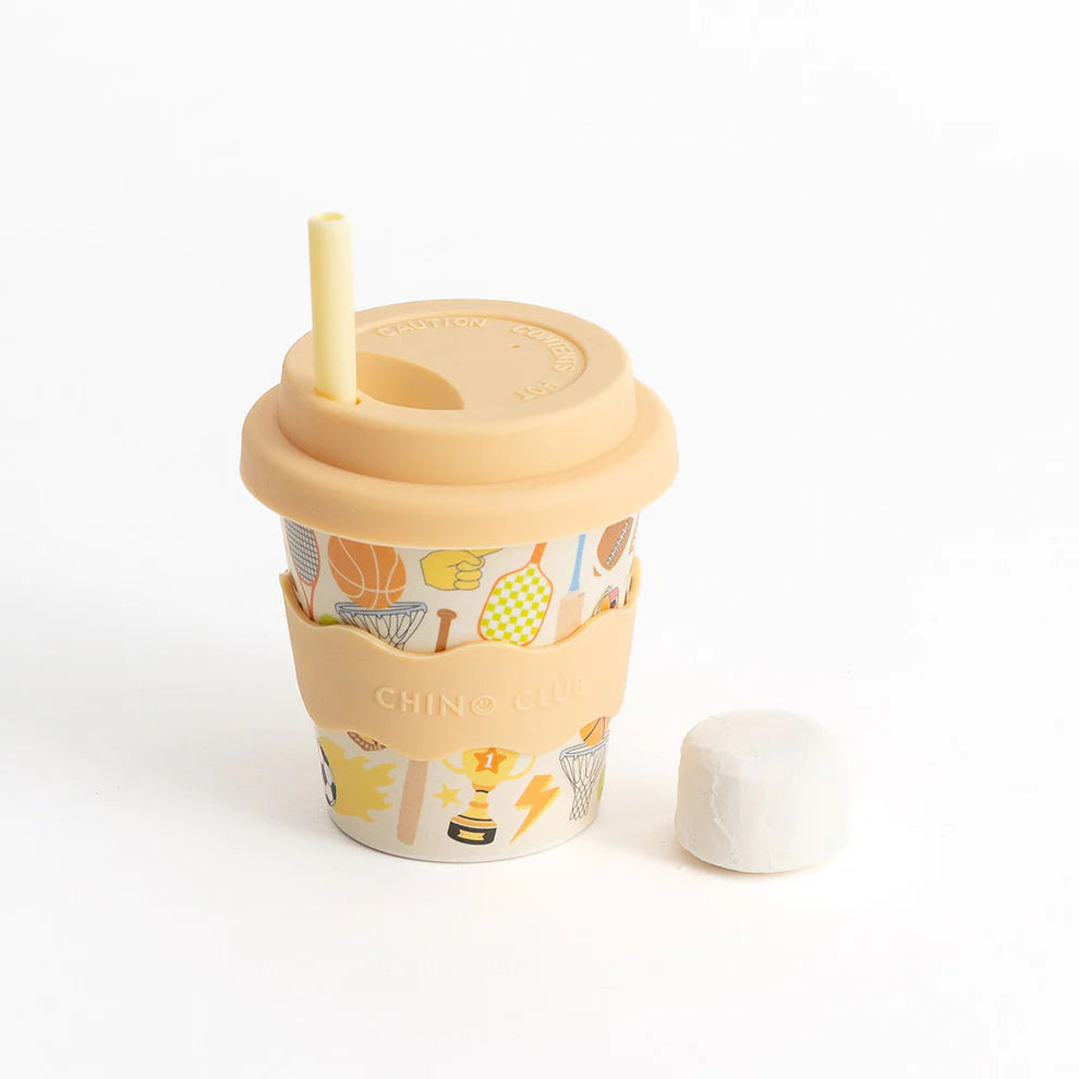Chino Club sports baby cup, 4oz size, designed for kids, with a colorful sports-themed exterior and easy-to-grip handle.