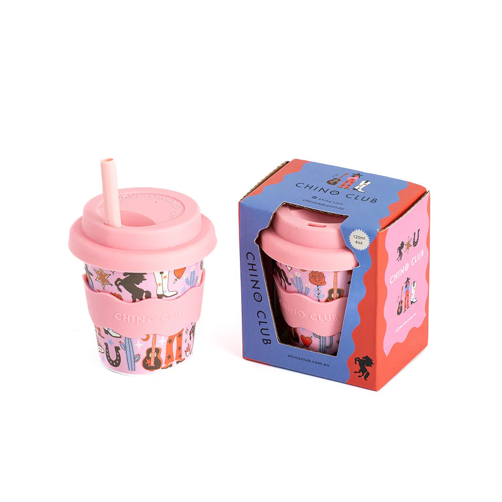 Chino Club Cowgirl Baby Chino Cup 4oz for kids, featuring a cowgirl design, shown with packaging on a white background.