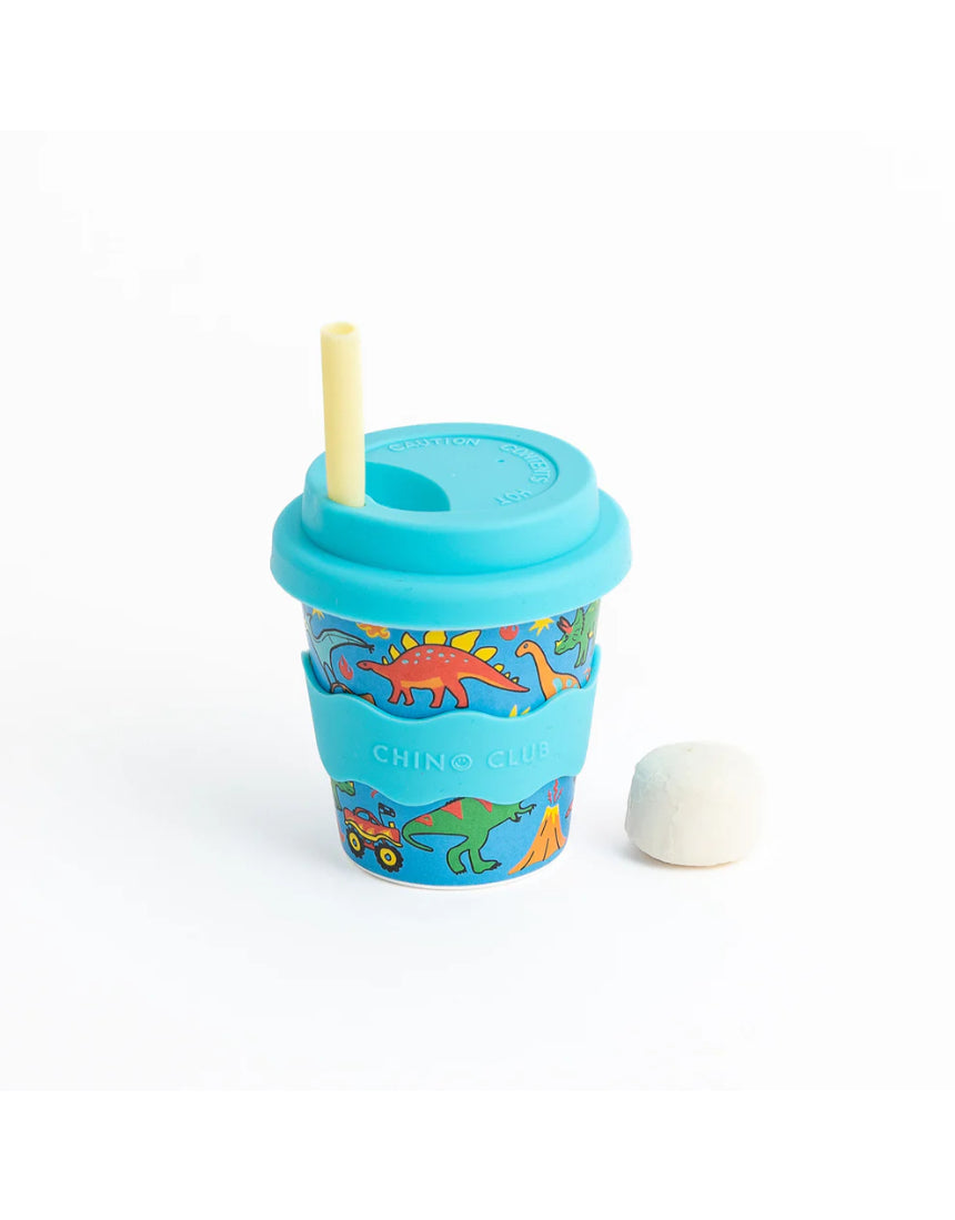 Chino Club kids' 4oz dinosaur and monster trucks baby chino cup with colorful dinosaur and truck illustrations.