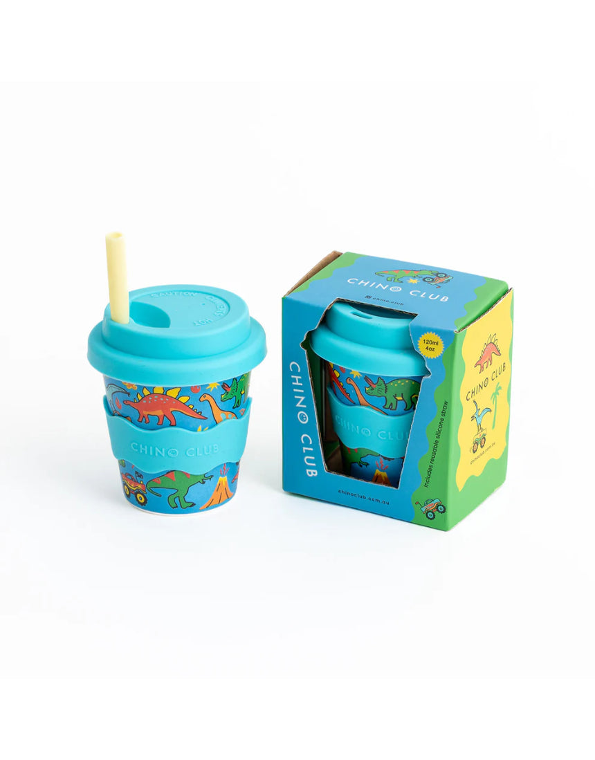 Chino Club dinosaur and monster truck themed baby kids cup, 4oz size, featuring colorful dinosaur and truck illustrations.