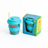 Chino Club dinosaur and monster truck themed baby kids cup, 4oz size, featuring colorful dinosaur and truck illustrations.
