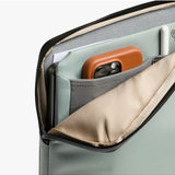 Bellroy 14-inch Laptop Caddy in Eucalyptus with multiple compartments for organizing accessories and cables.