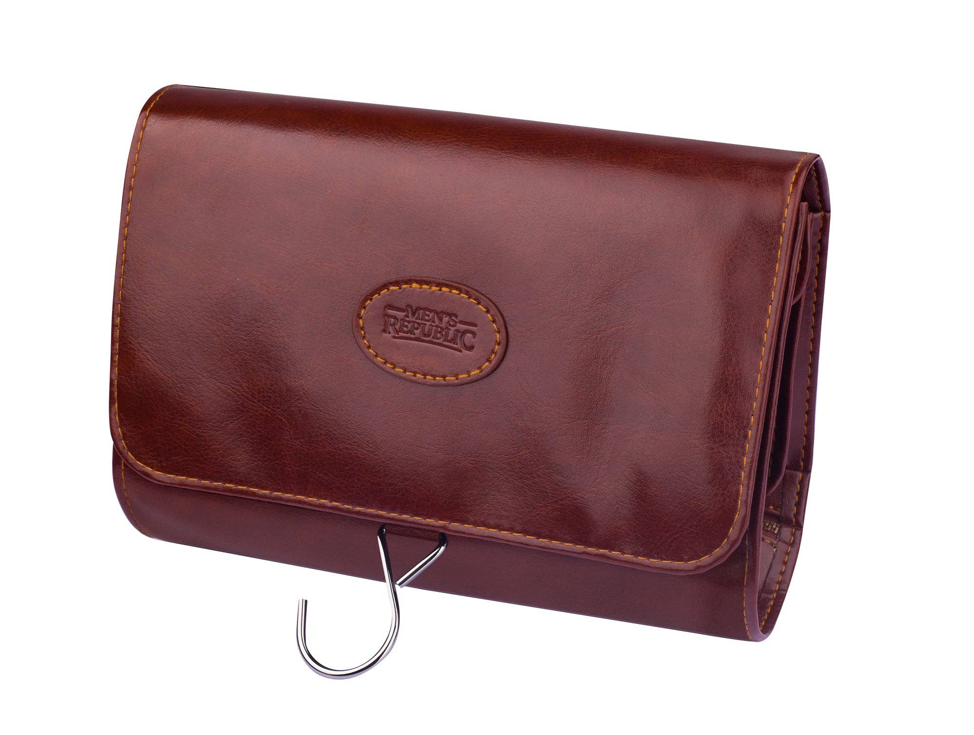 Men's Republic travel toiletry bag with hanger, compact cosmetic and toiletry bag for men's grooming essentials, black fabric.