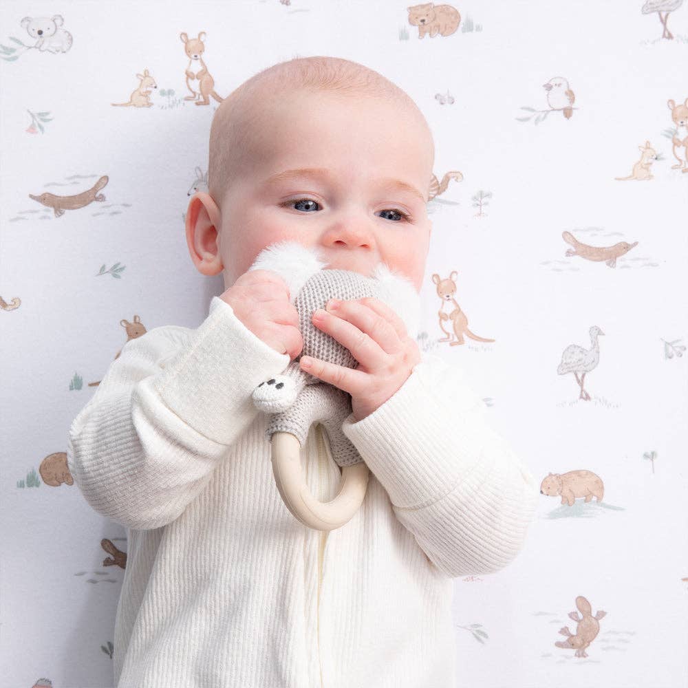Living Textiles Koala ring rattle with soft fabric and plush koala design, ideal for soothing babies and sensory play.