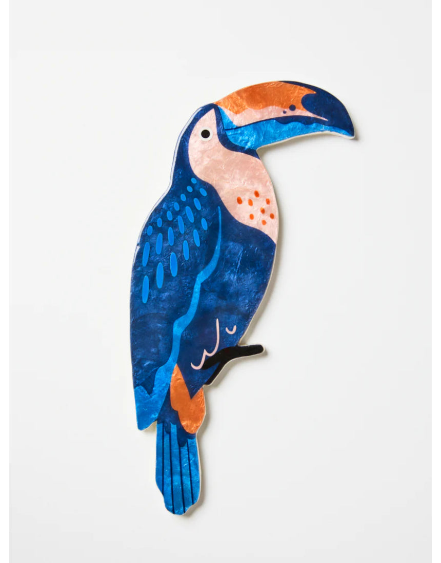 Jones & Co navy wall art featuring a colorful toucan perched on a branch, ideal for tropical or nature-inspired decor.