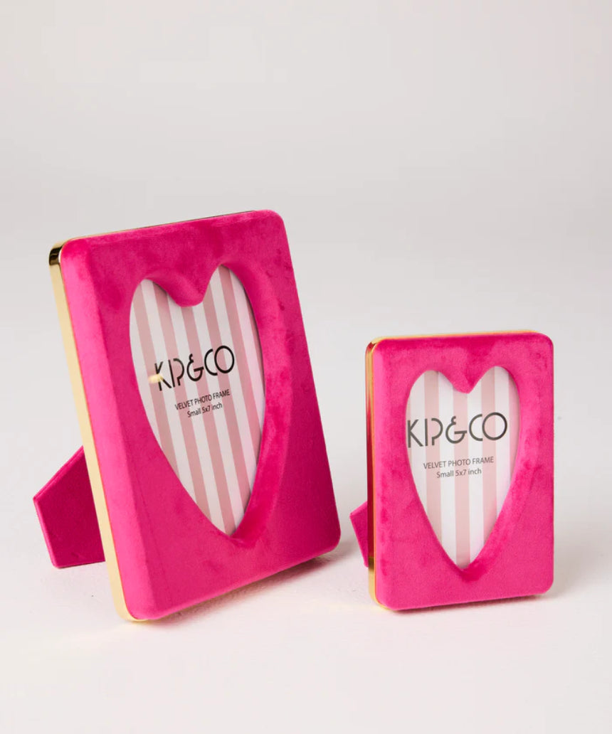 Kip & Co Desert Pink Heart velvet picture frame with soft pink fabric and heart-shaped design for wall or table display.