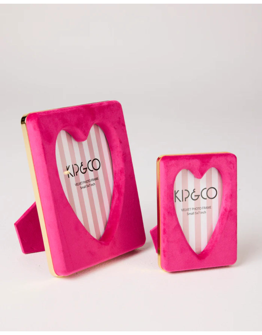 Kip & Co Desert Pink Heart velvet picture frame with soft pink fabric and heart-shaped design for wall or table display.